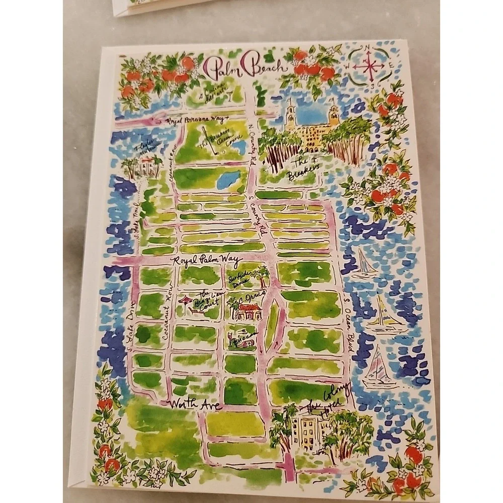 LILLY PULITZER Blank NOTE CARD SET OF 4 Palm Beach Map W/Envelopes NEW
